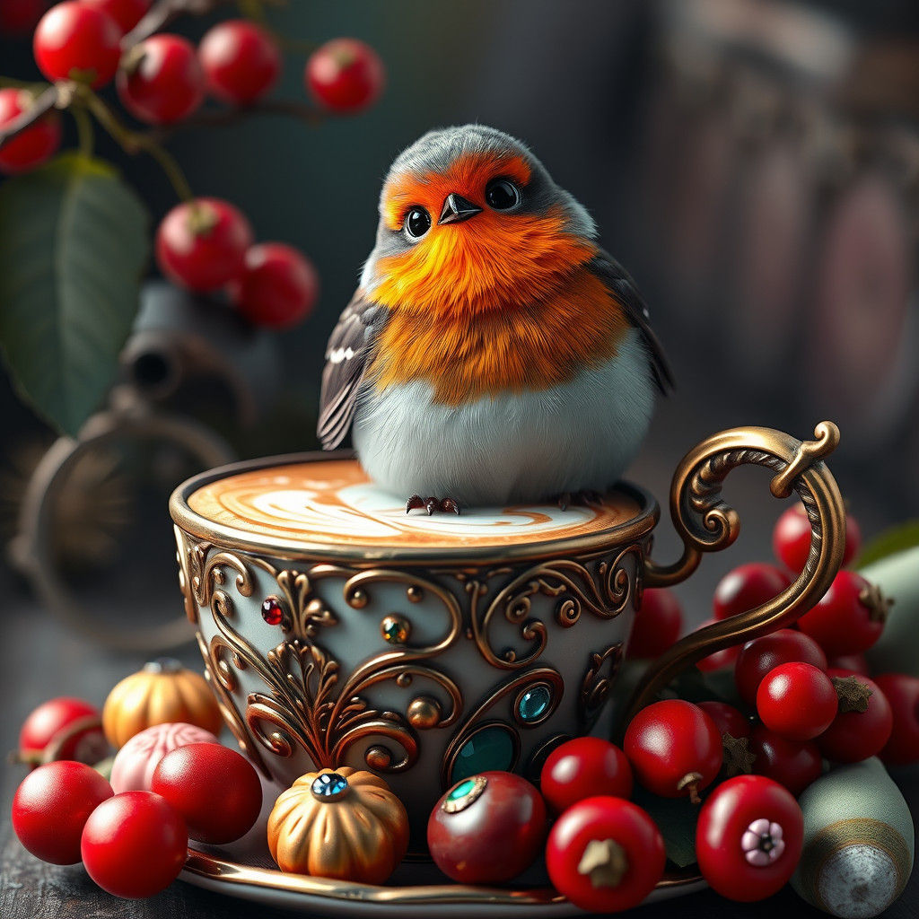 Steampunk Robin with Latte Art and Jewels in 8k