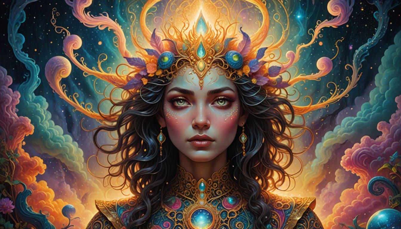 Surreal Fantasy Novel Cover in Neon-Lit Mystical Tapestry