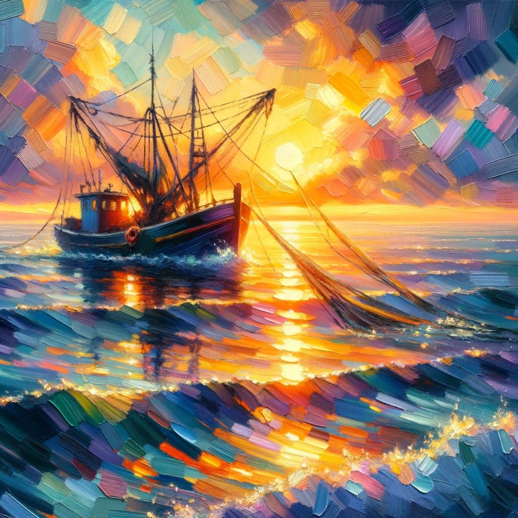 Impressionistic Sunset Painting of Fishing Boat at Sea