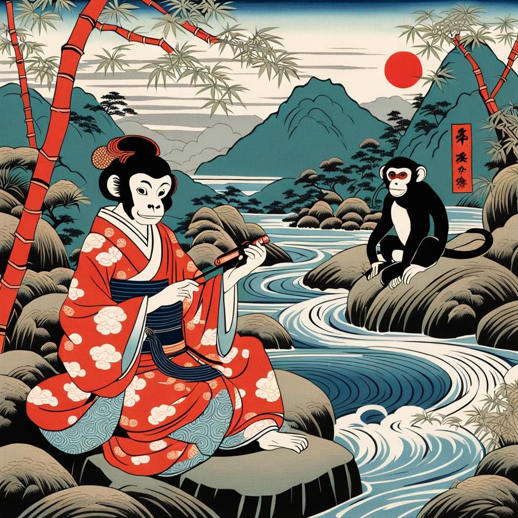 a playful monkey sitting on mossy rocks