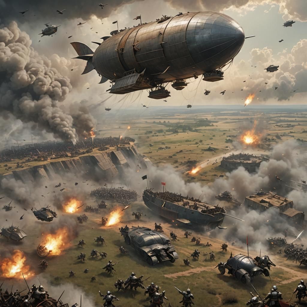 Airship Over Battlefield with Armored Knights