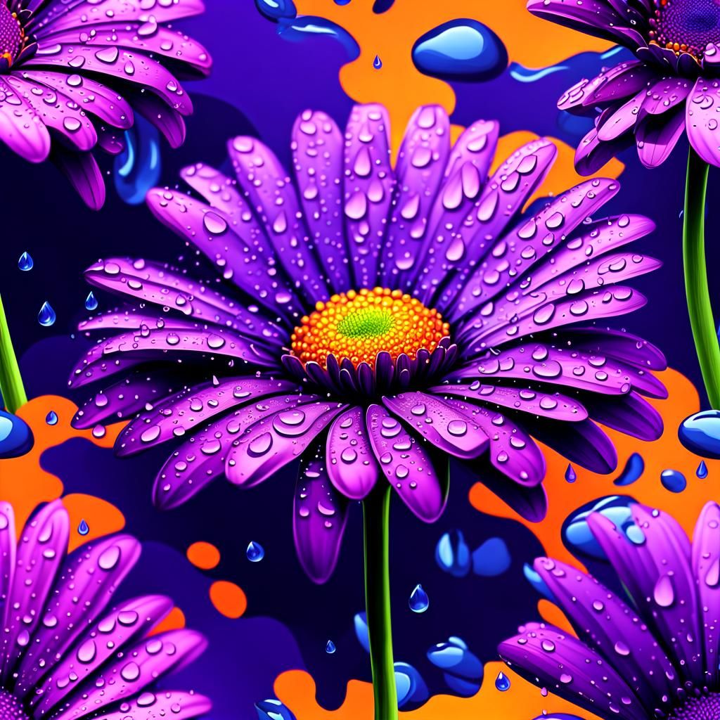 Purple Daisy with Raindrops on Neon Background