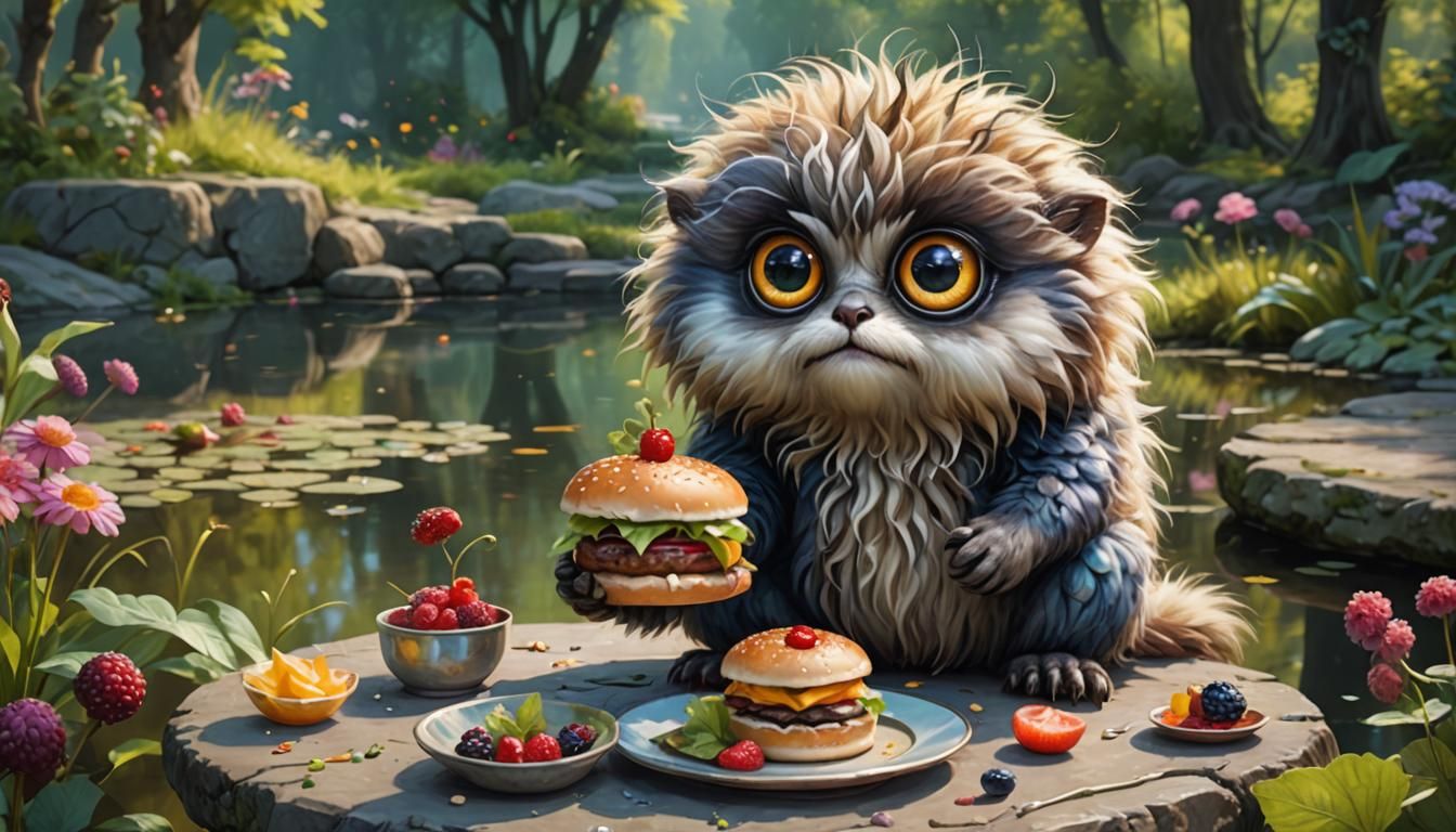 Fluffy Creature Enjoys Hamburger in Park