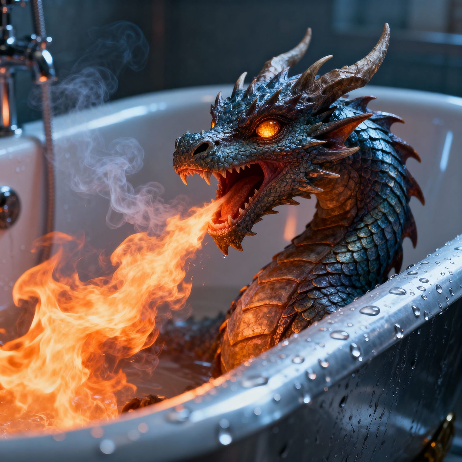 Miniature Dragon Breathes Fire into Cold Bathtub CGI