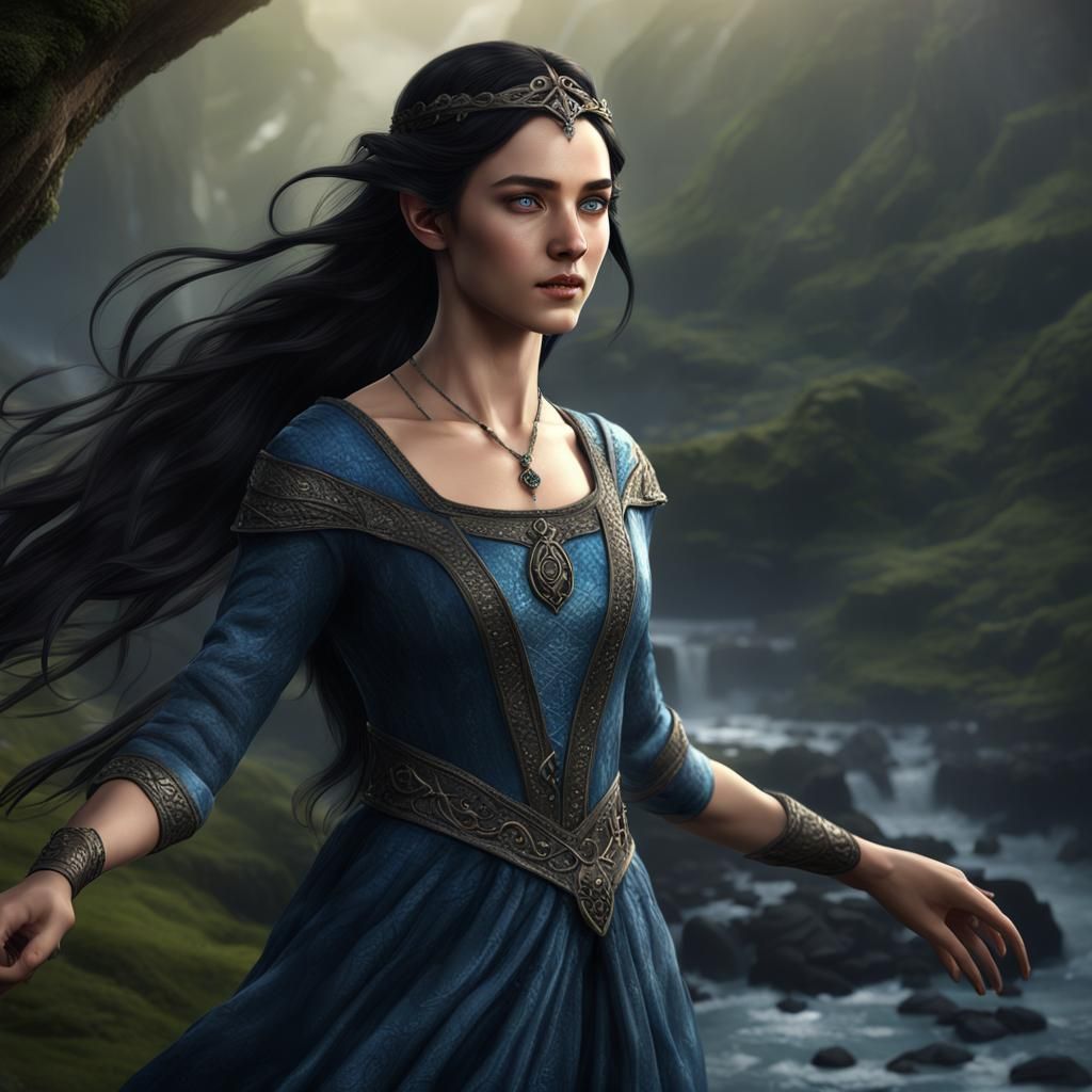 Elven Woman with Dark Hair in Fantasy Art Style