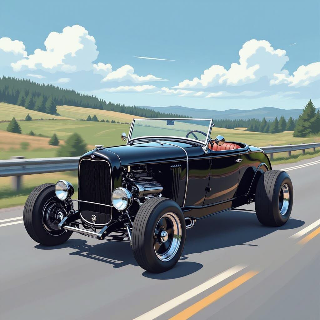Black Hot Rod in Hyperrealistic Comic Book Style