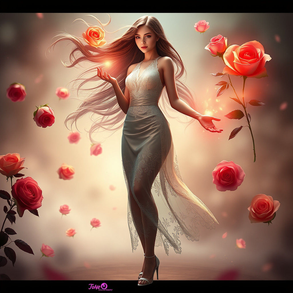 Ethereal Woman Conjuring Roses in Fantasy Art