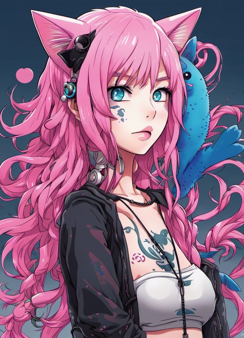 Anime Neko Girl with Piercings and Tattoos