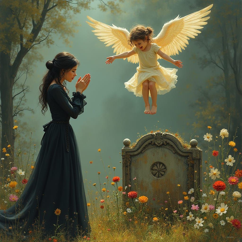 Mourning Mother and Child Spirit, Art Nouveau Style