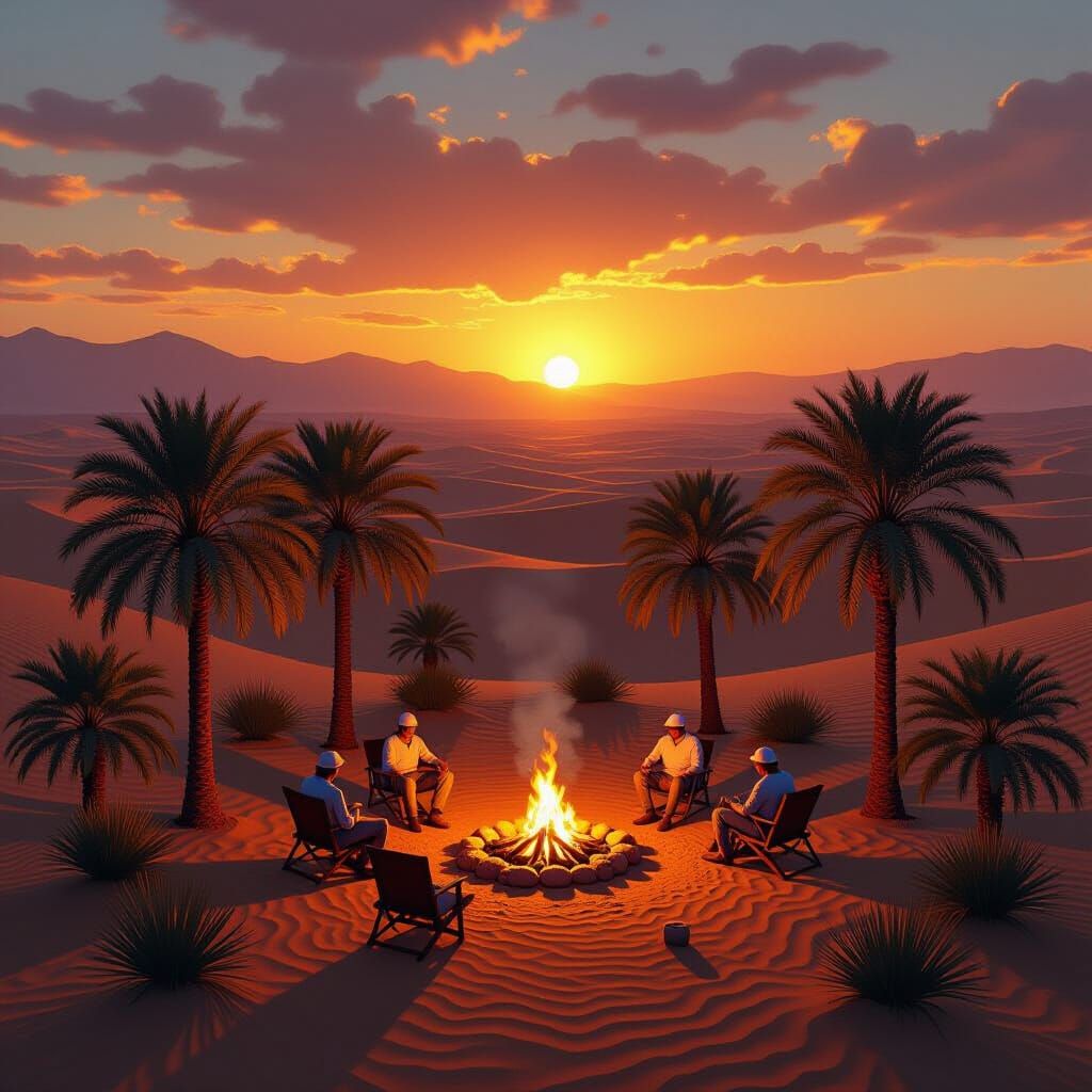 Desert Oasis Campfire at Dusk in Surreal Style