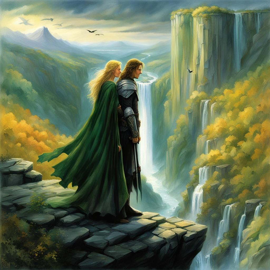 Faramir and Eowyn Overlook Waterfall in Fantasy Art