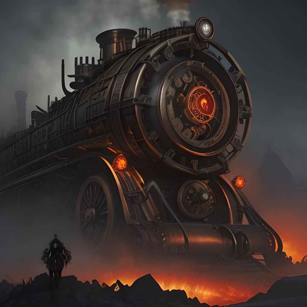 Steampunk Demon Engine in Hellish Landscape