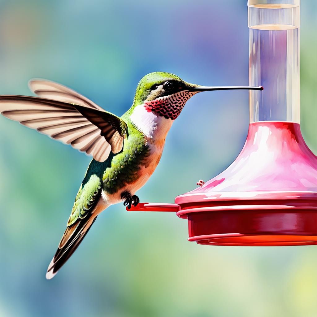 Hummingbird at Feeder: Watercolor Masterpiece