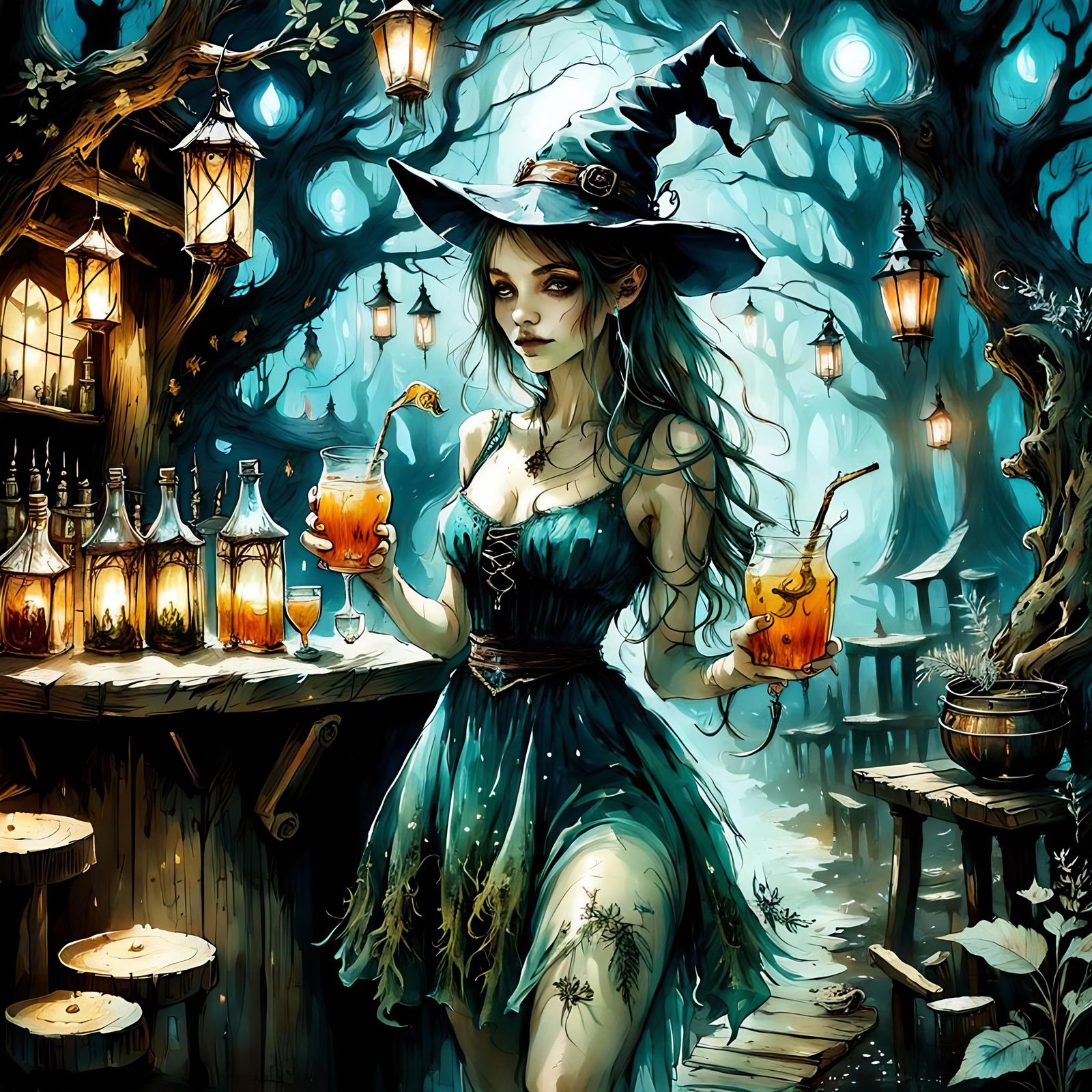 Cute Witch Girl Serving Drinks in Magical Tavern