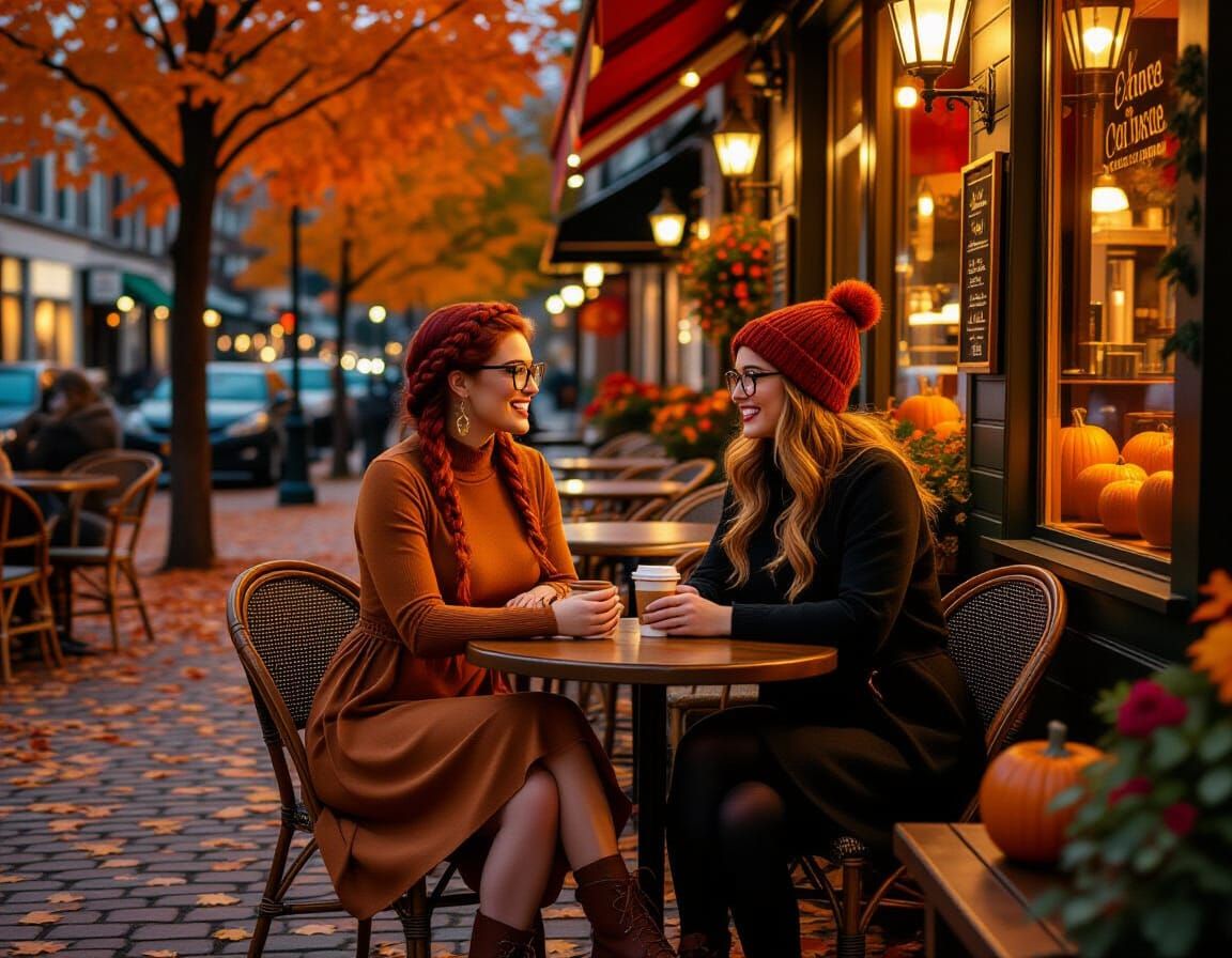 Lesbian Witches Enjoying Autumn Night in Comic Book Style