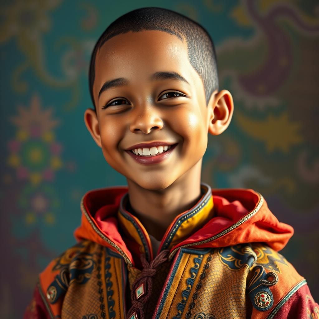 Smiling Boy in Vibrant Outfit: Concept Art