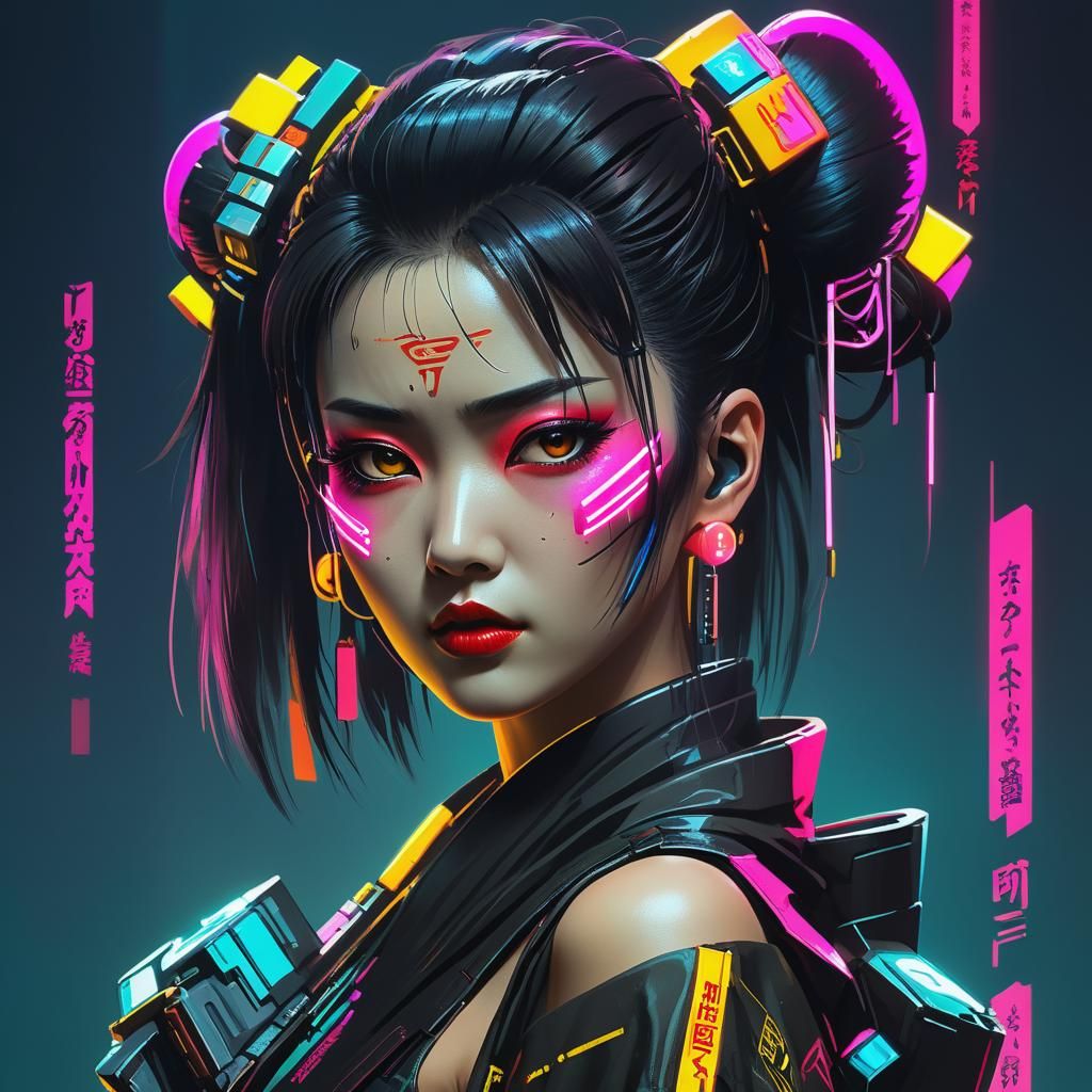 Cyberpunk Geisha Portrait in Neon Cityscape