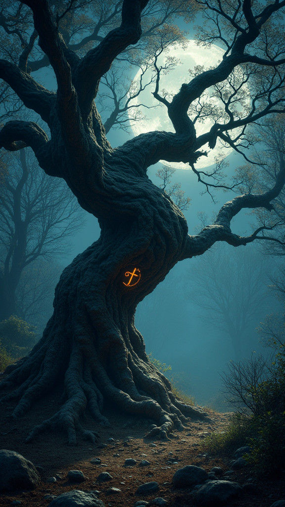 Mystical Tree Carvings in Dark Fantasy Style