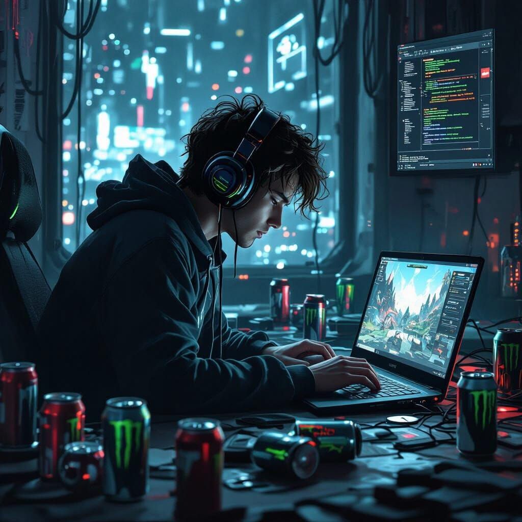 Futuristic Gamer Focused on Low-Spec Game