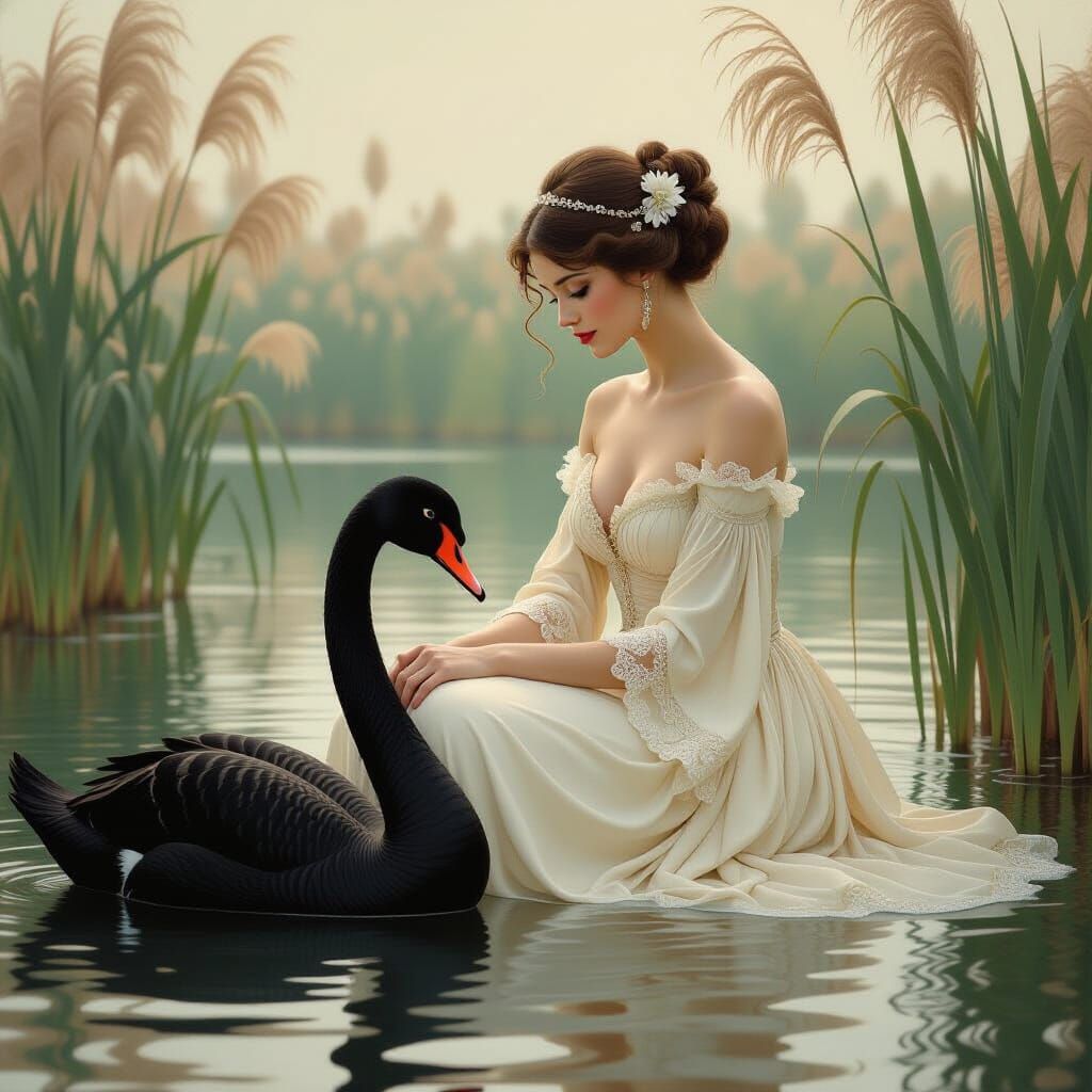 Woman and Swan in Art Nouveau Style