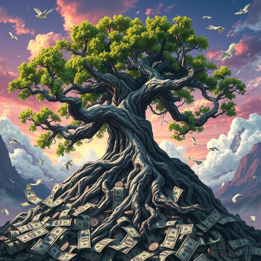 Majestic Tree Thriving on Mountain of Money