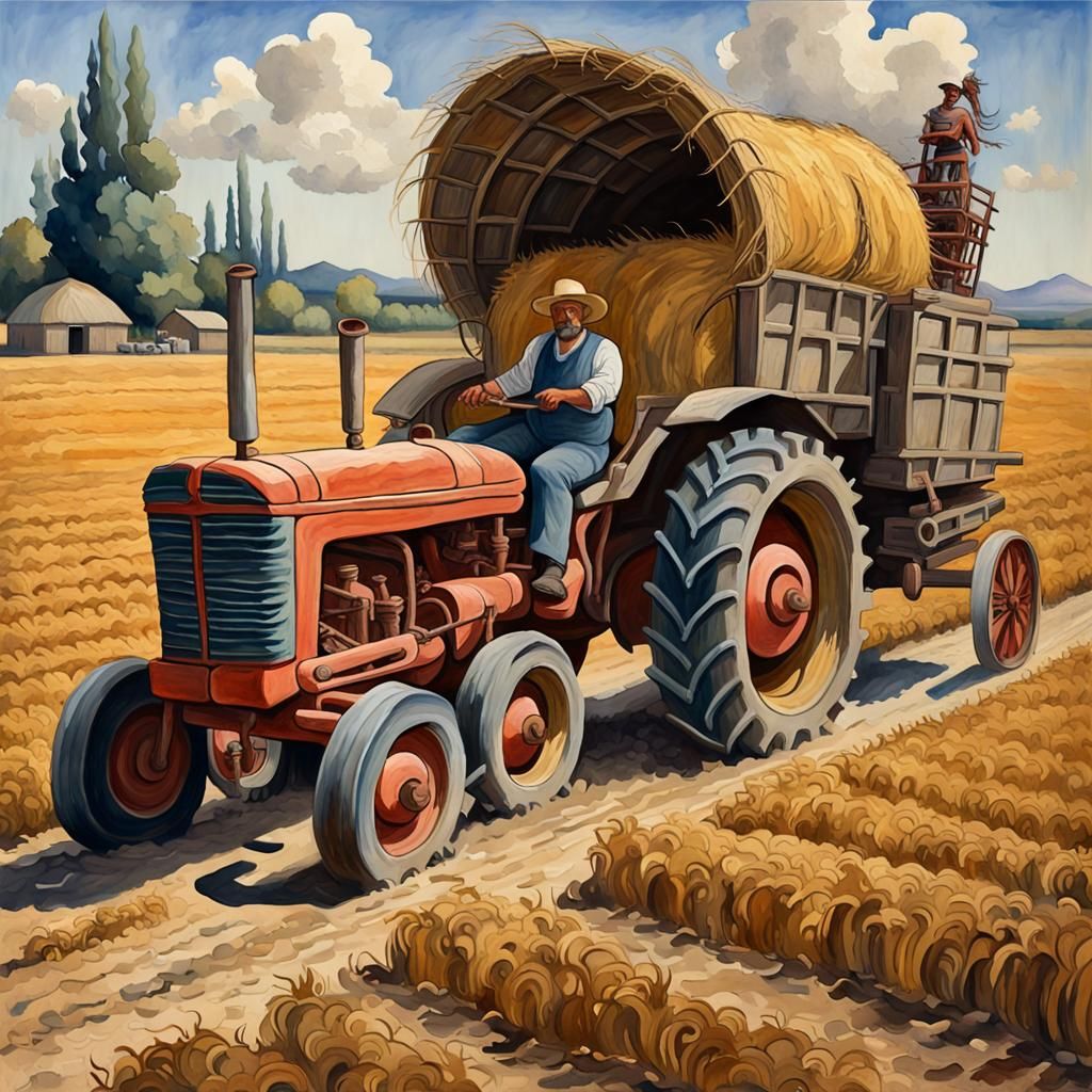 Farmer with Ancient Tractor in Gouache Style