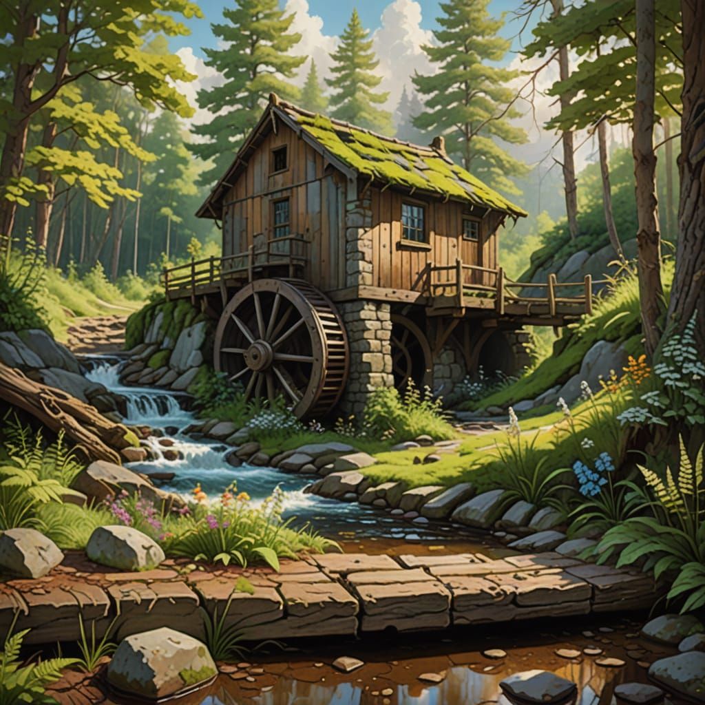 Whimsical Waterwheel Scene in a Bright Blue Woodland