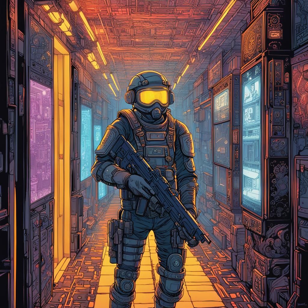 Cyberpunk Soldier in Neon Hallway: Anime Style
