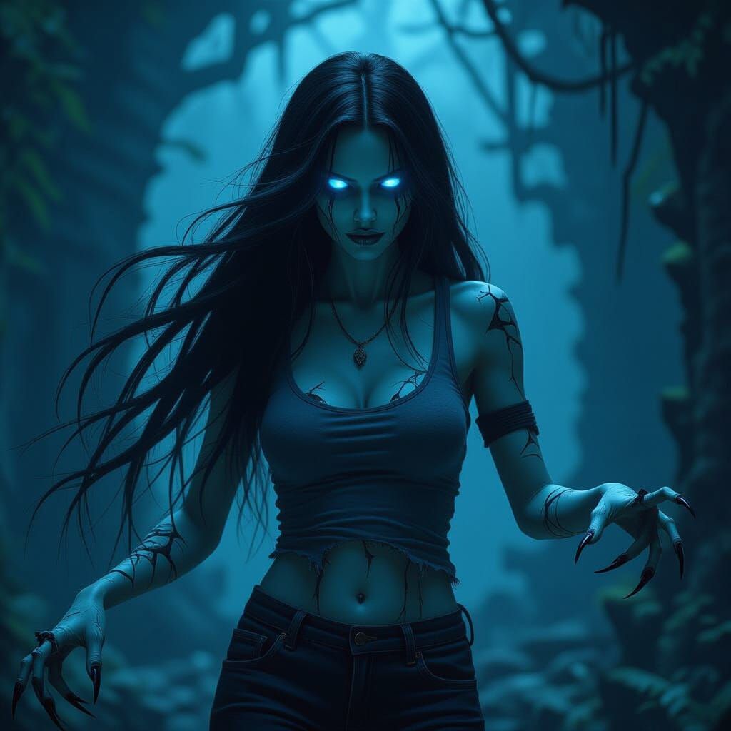 Terrifying Ghost Woman in Dark Forest, Matte Painting