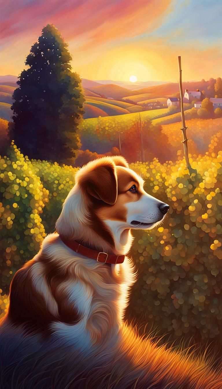 Dog Watches Vineyard Sunset in Hyper-Realistic Splash Art
