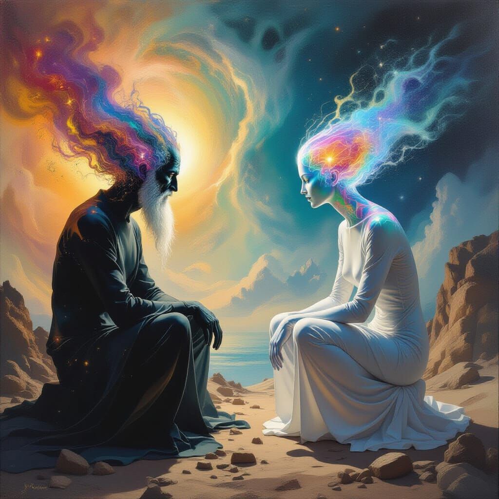 Surrealist Oil Painting of Cosmic and Crystalline Beings Neg...