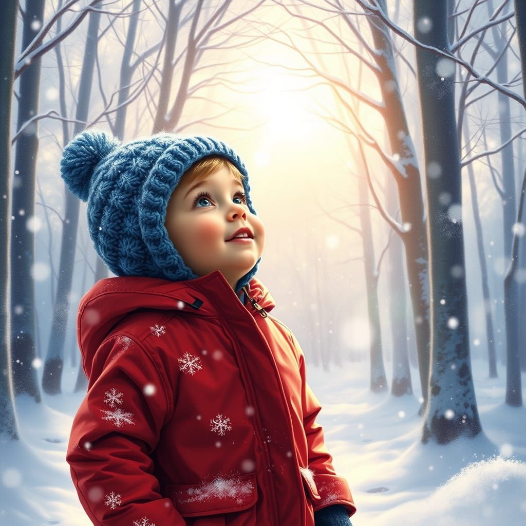 Child's Wonder in Snowy Forest