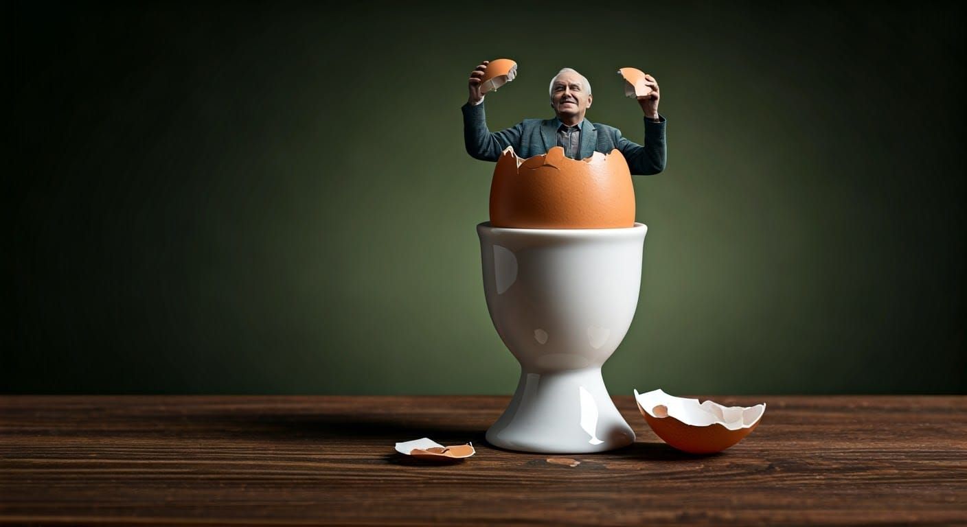Old Man Emerges From Egg in Egg Cup