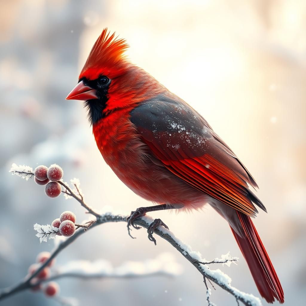 Cardinal in Winter Forest, Hyper-Realistic Digital Art
