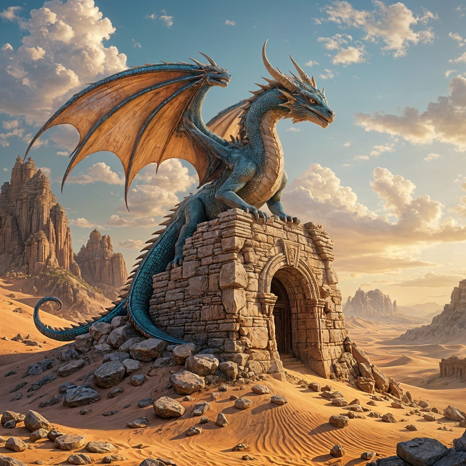 Majestic Dragon on Ancient Desert Ruins