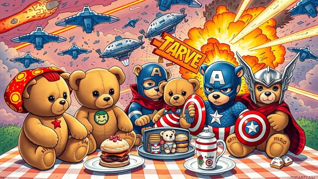 Marvel Teddy Bears Picnic Amidst Alien Sky Battle
