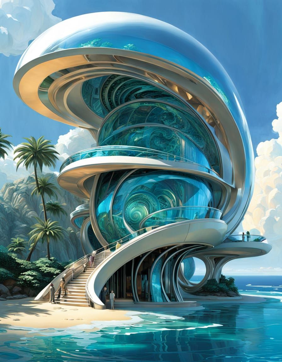 Futuristic Nautilus Shell Building in Deep Sea Blues