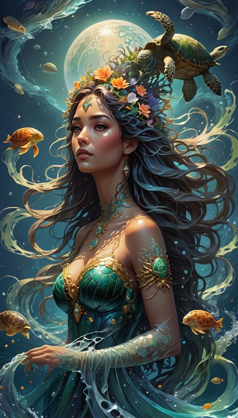 Ocean Water Spirit Goddess on Sea Turtle