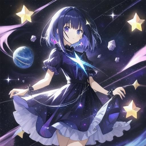 Anime Girl with Space Gems in Ethereal Void