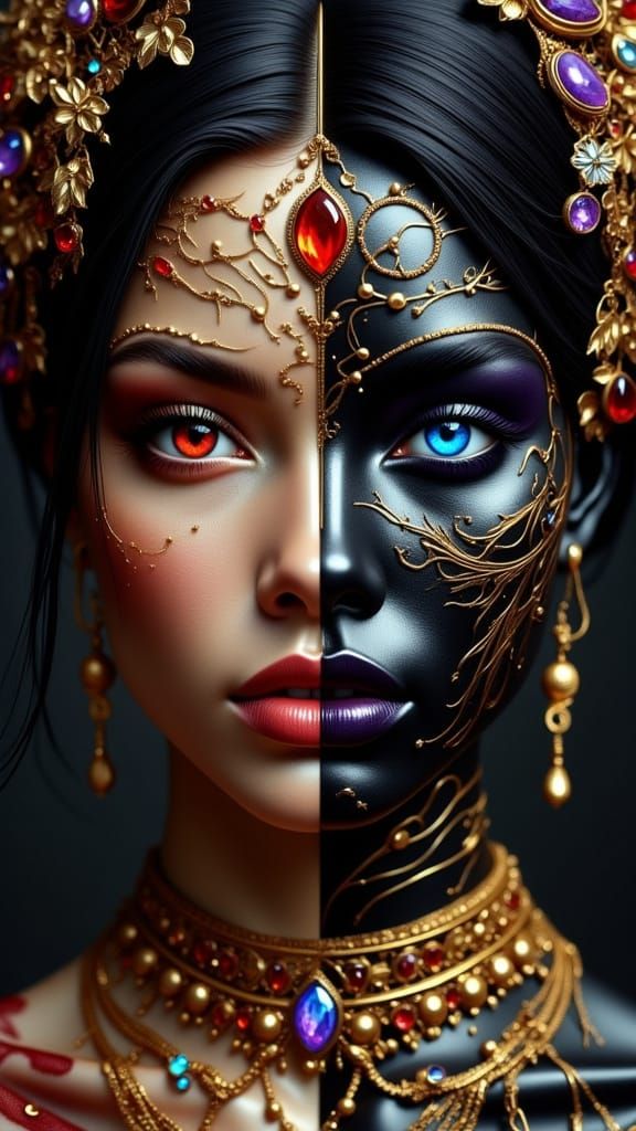 Woman with Divided Face in Metallic Style