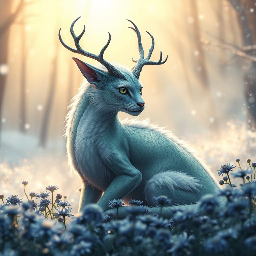 Regal Dragon-Cat Amidst Winter Wonderland