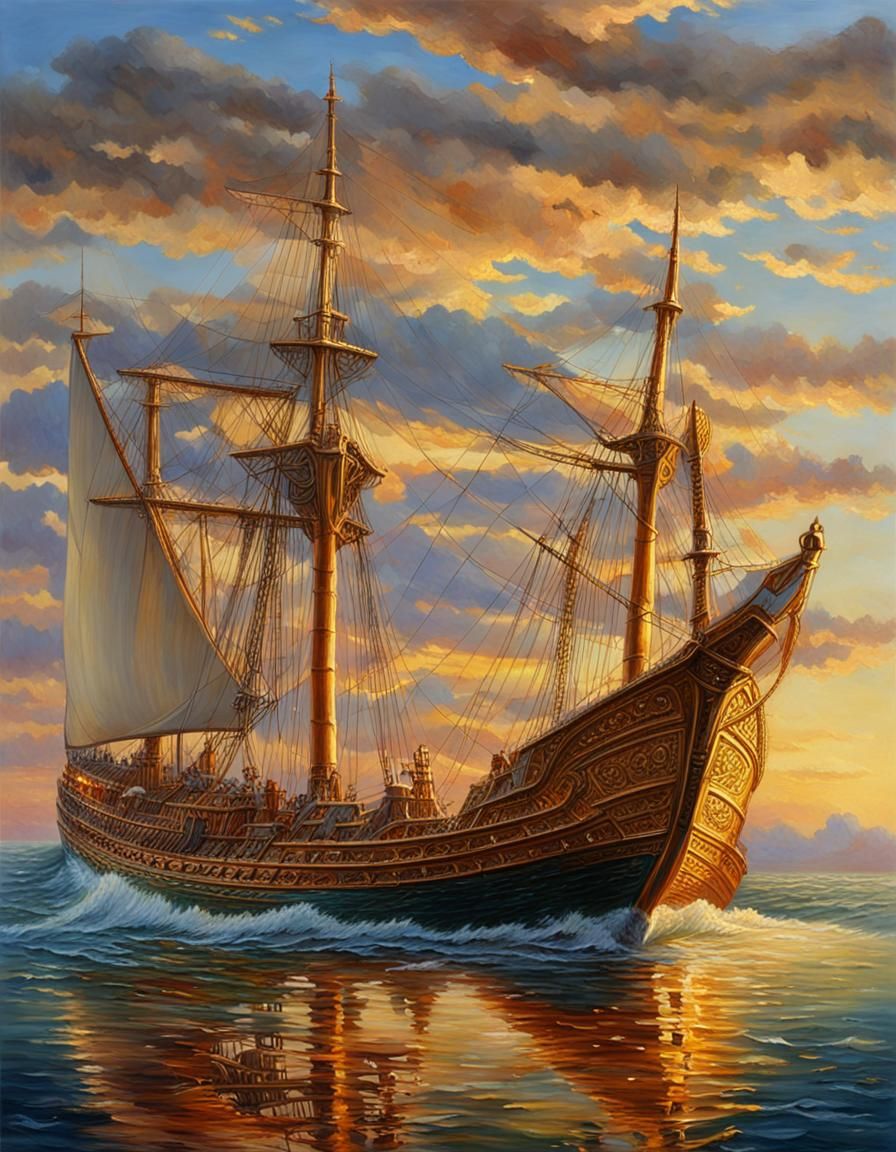 Majestic Ship at Golden Hour: Oil Painting
