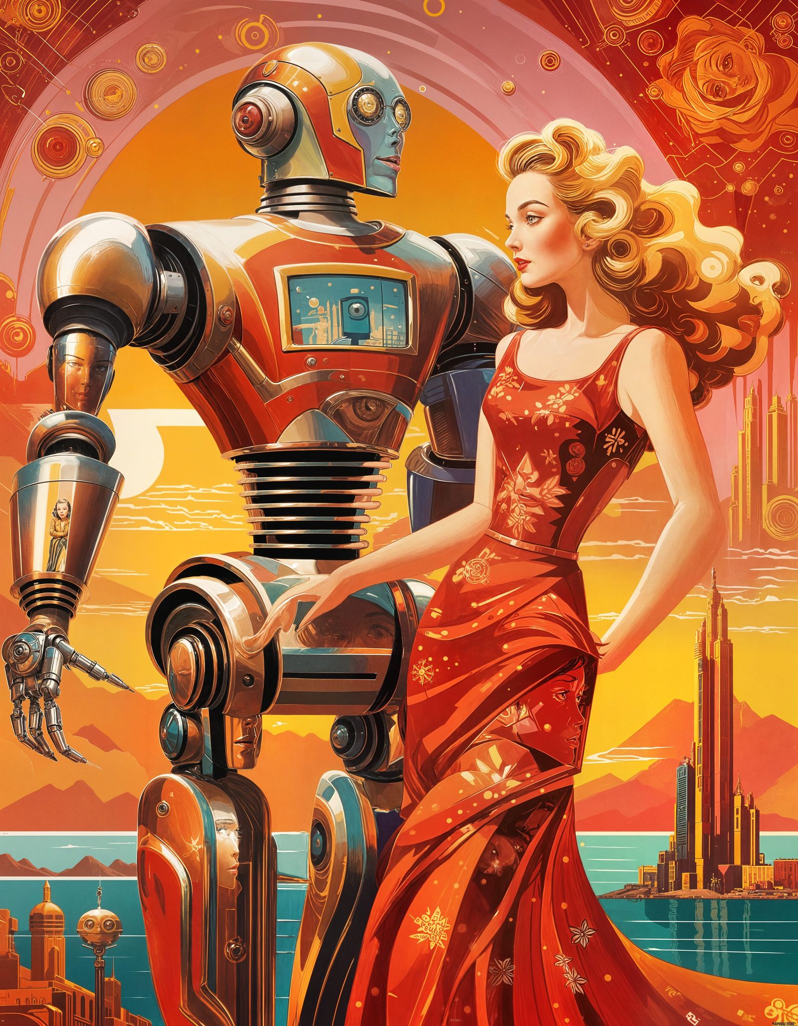 Retro Robot and Woman in Pulp Comic Style
