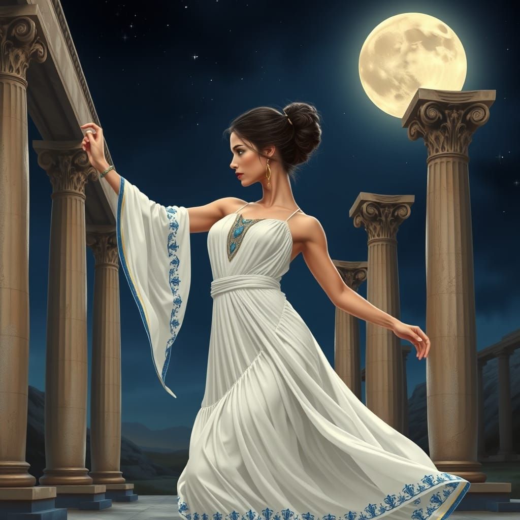 Greek Goddess Dancer Under Starry Night Sky