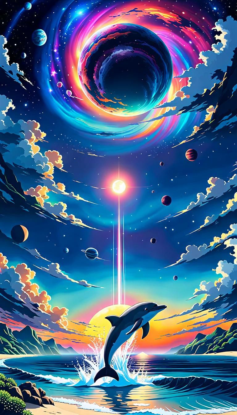 Anime Dolphin Leaps into Colorful Universe