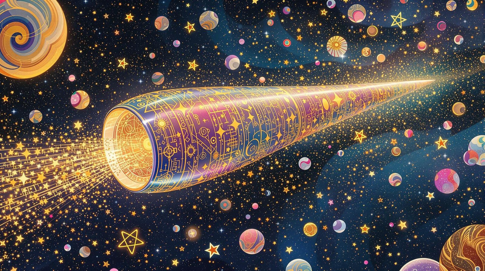 Klimt-Inspired Interstellar Cylinder in Science Fiction Art