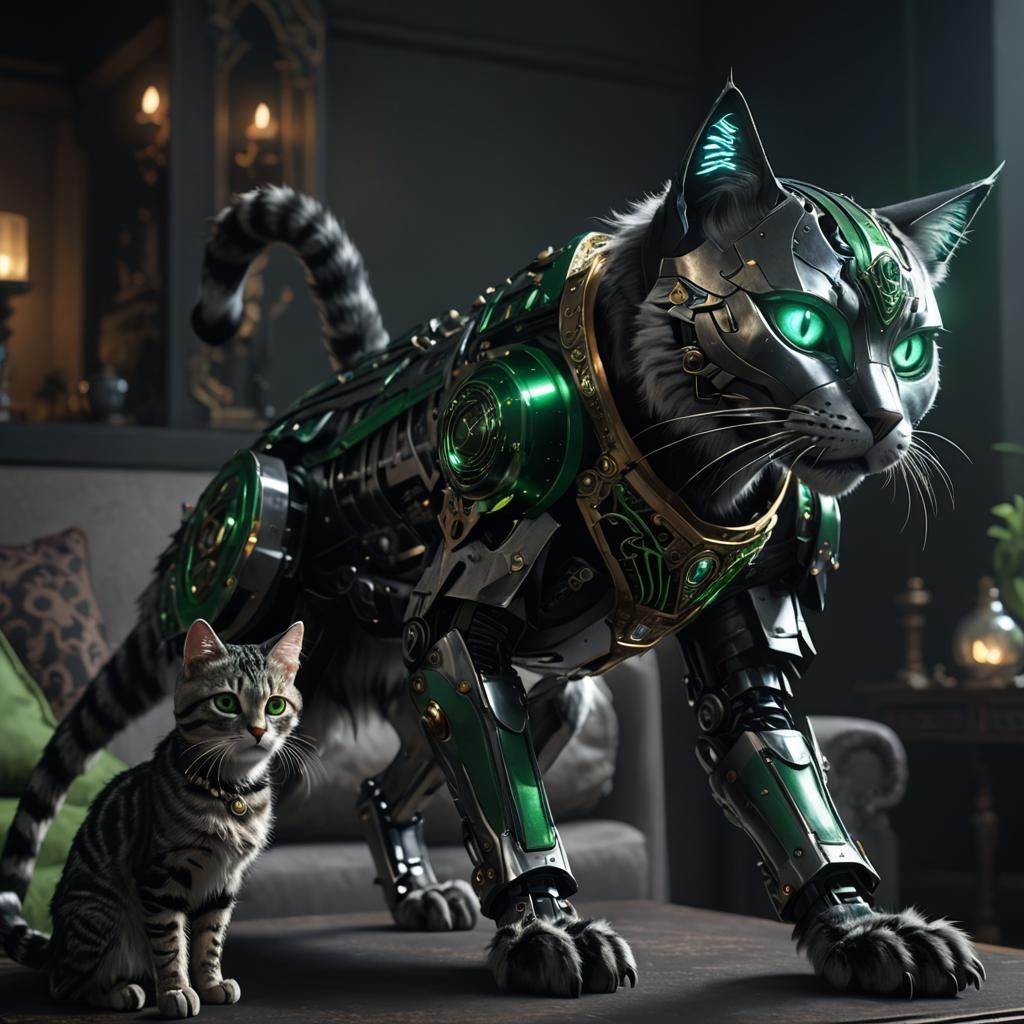 Mechanical Cat Observes Sorceress: 3D Anime Art