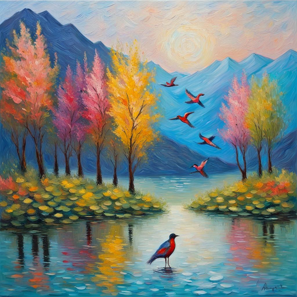 Impressionist Pond Scene with Birds and Mountains