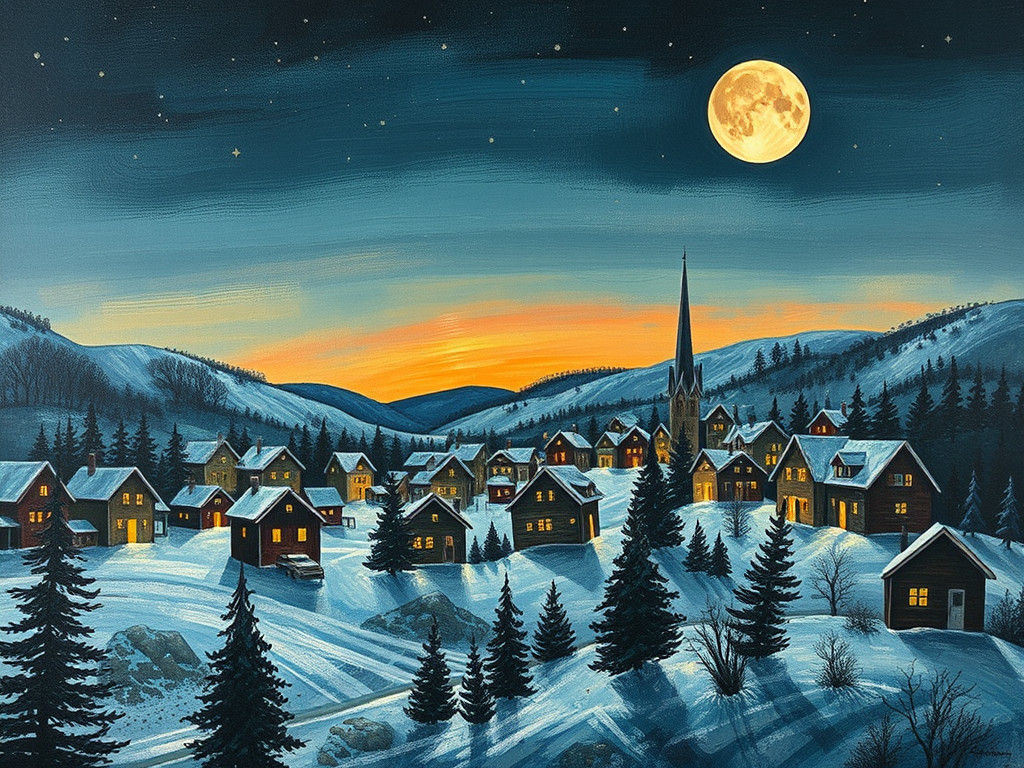 Moonlit Nordic Townscape in Mixed Media