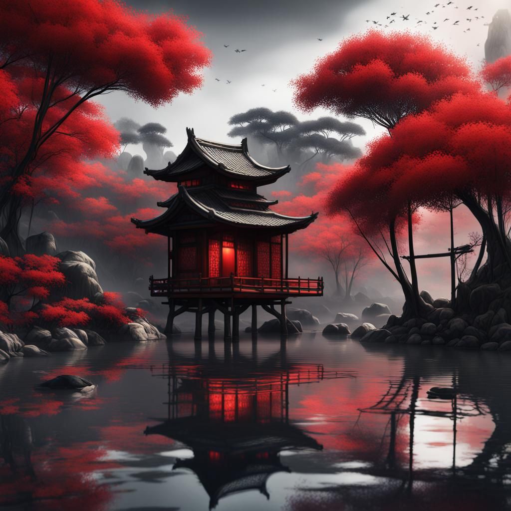 Japanese Ink Art: Oak Tree, Bamboo, Pond, Hut